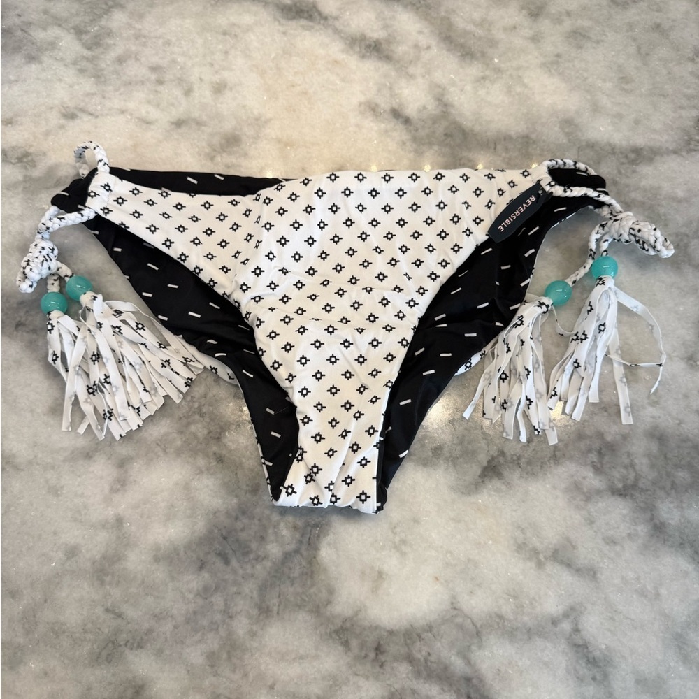 REVERSIBLE Victoria’s Secret Bikini Bottom Black White Tassel Beaded Boho Chic